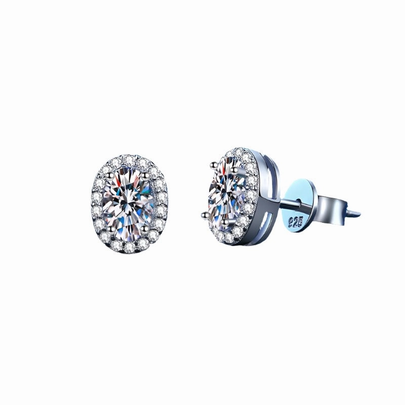 Oval Moissanite Halo Stud Earrings in S925 Sterling Silver Minimalist Ornament Vintage Trinket