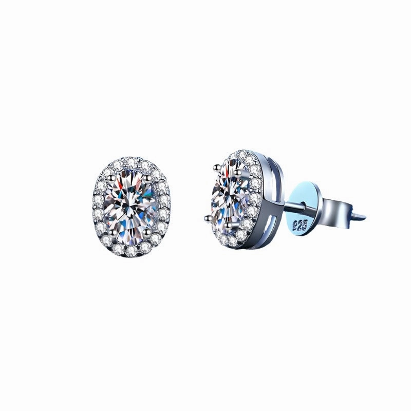 Oval Moissanite Halo Stud Earrings in S925 Sterling Silver Soft Reflection Polished Line