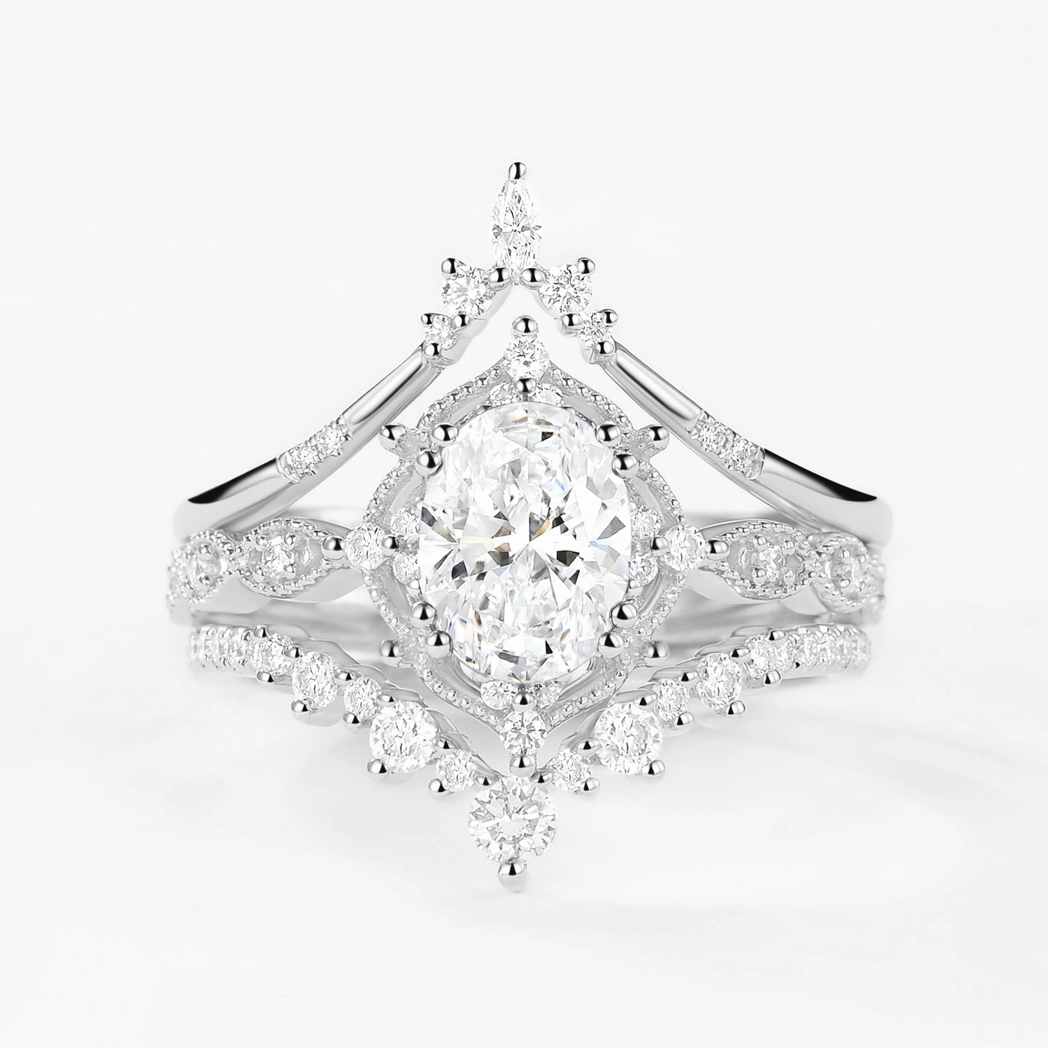 Pretty Touch Sculpted Sparkle Oval Moissanite Signature Vintage Ring Set 3pcs - Charlotte