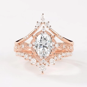Oval Moissanite Signature Vintage Ring Set 3pcs - Charlotte Formal Highlight