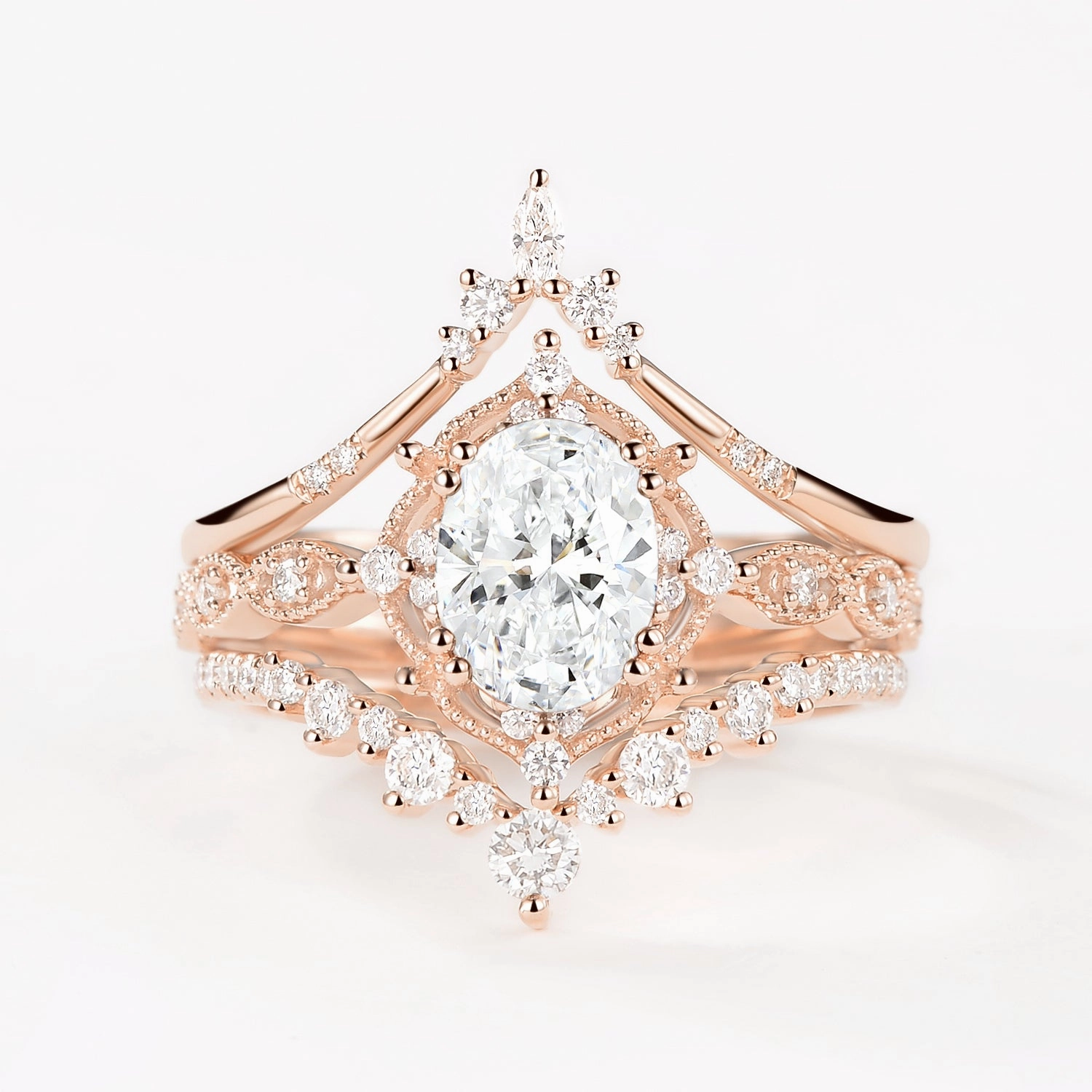 Bold Moment Oval Moissanite Signature Vintage Ring Set 3pcs - Charlotte