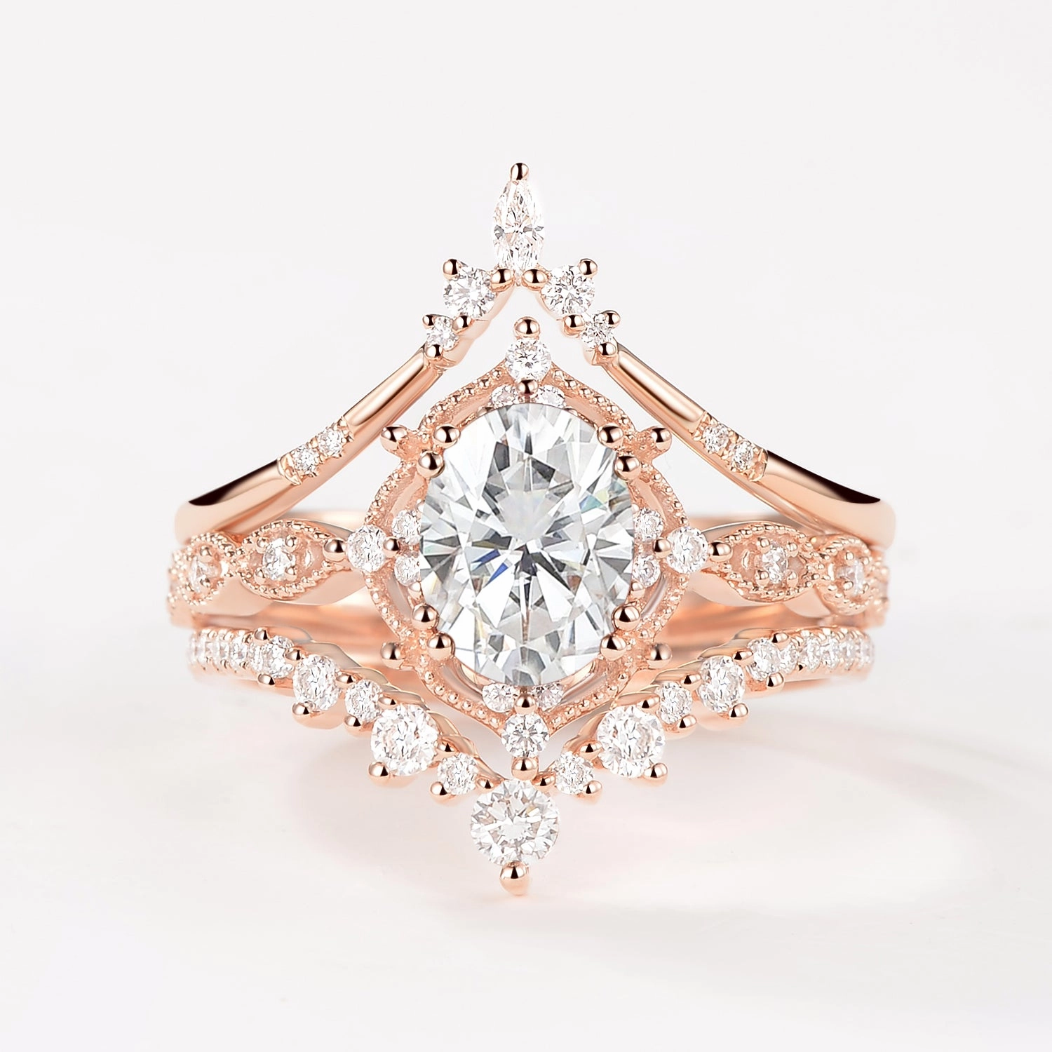 Oval Moissanite Signature Vintage Ring Set 3pcs - Charlotte Formal Highlight