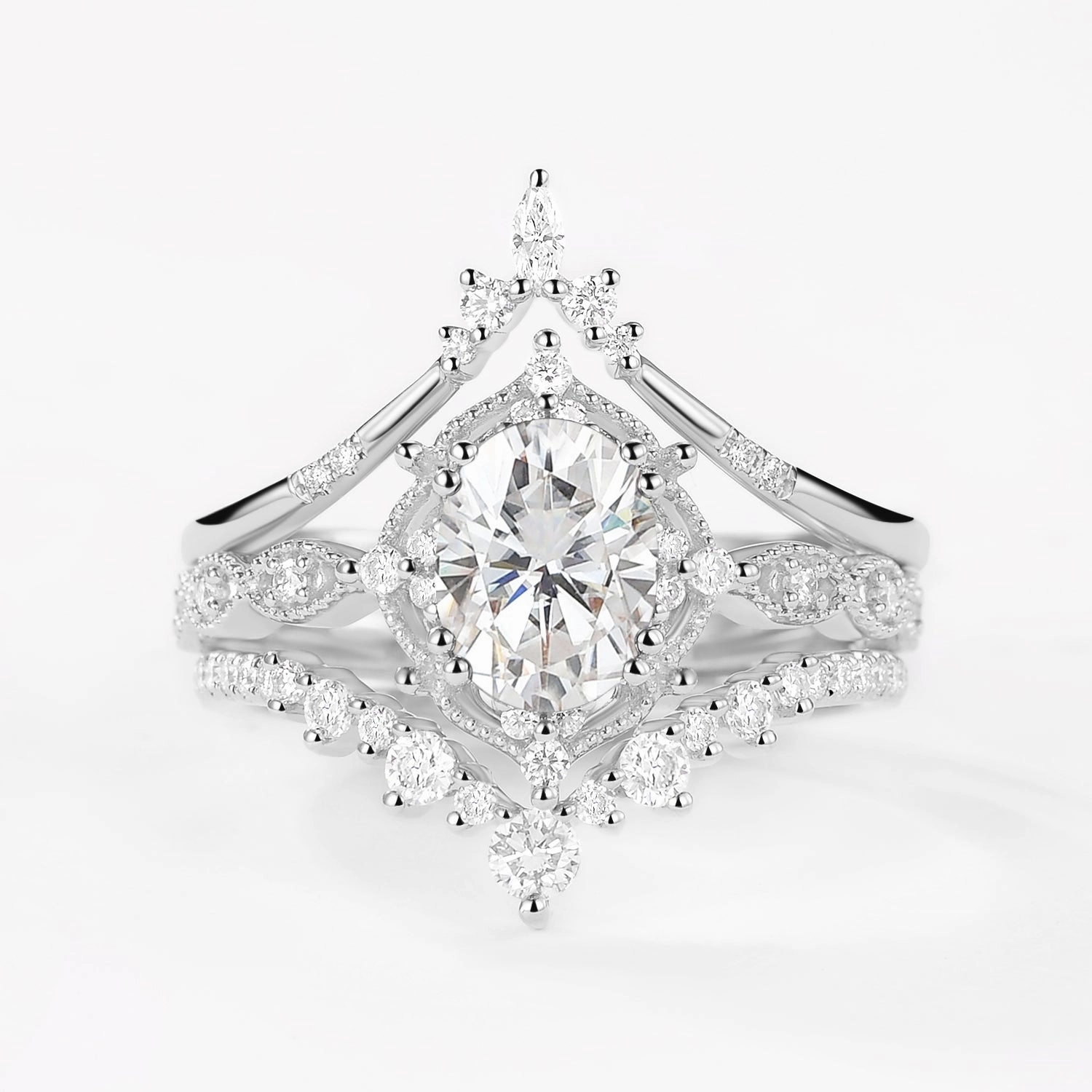 Oval Moissanite Signature Vintage Ring Set 3pcs - Charlotte Shimmering Accent Urban Minimal