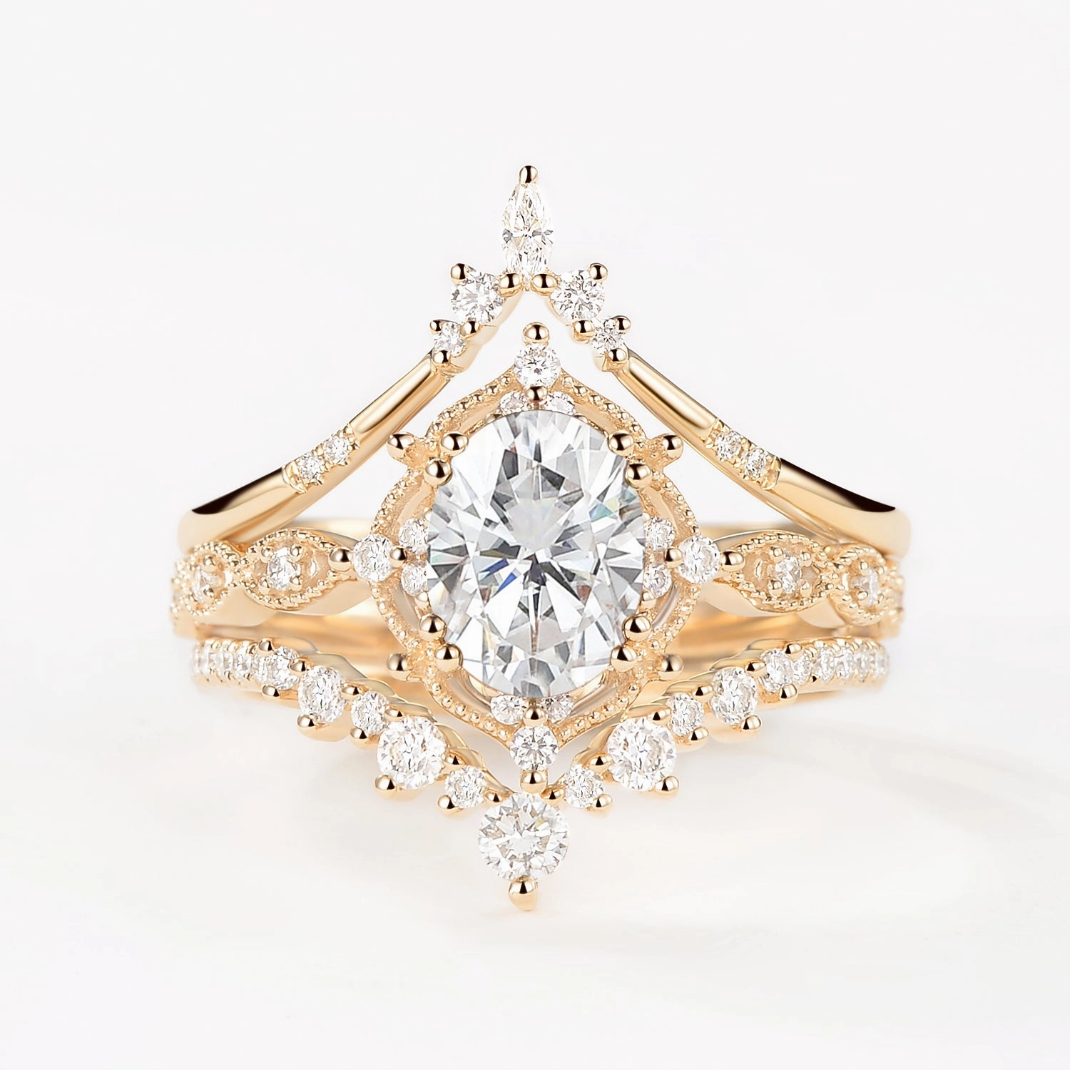 Oval Moissanite Signature Vintage Ring Set 3pcs - Charlotte Simple Style Artisan Finish