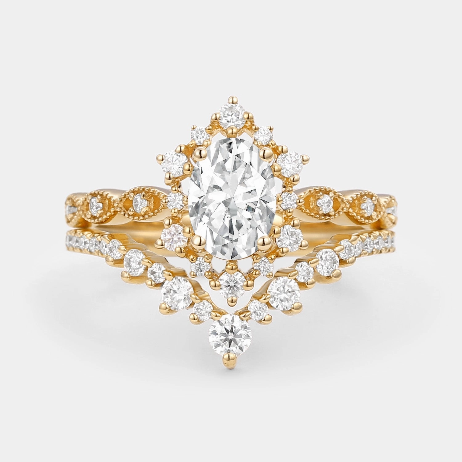 Sparkling finish Oval Moissanite Vintage Cluster Ring Set 2pcs