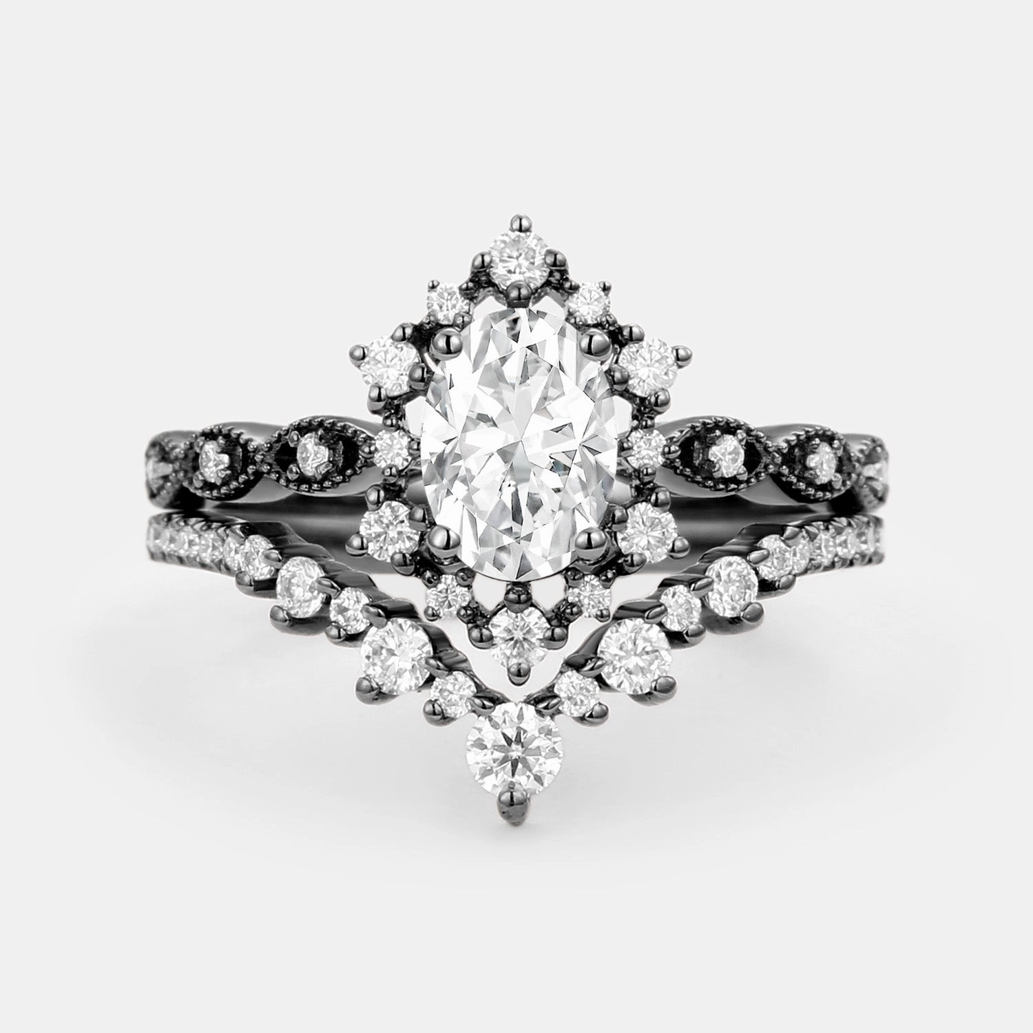 Oval Moissanite Vintage Cluster Ring Set 2pcs Timeless Match