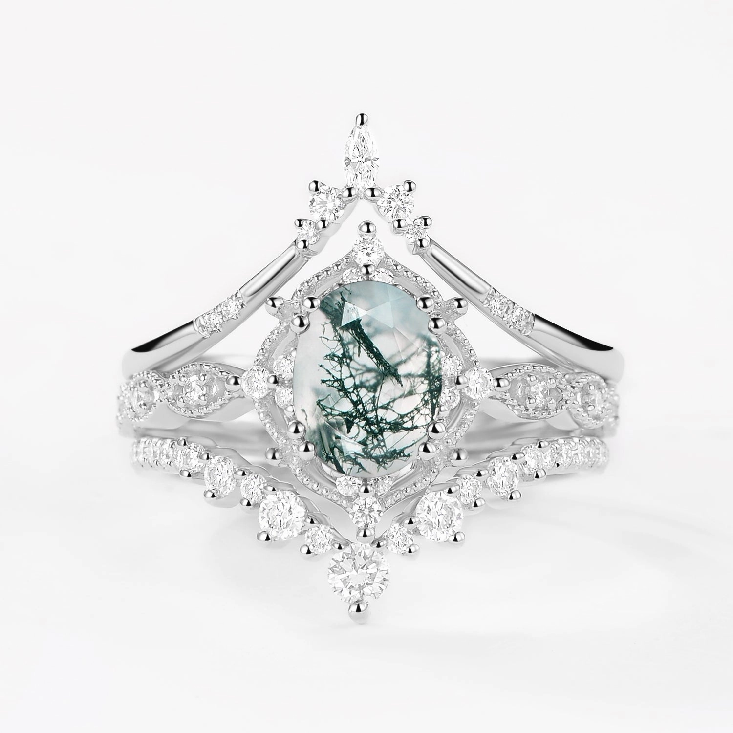 Oval Moss Agate Signature Vintage Ring Set 3pcs Custom Gifts Impressive Craft