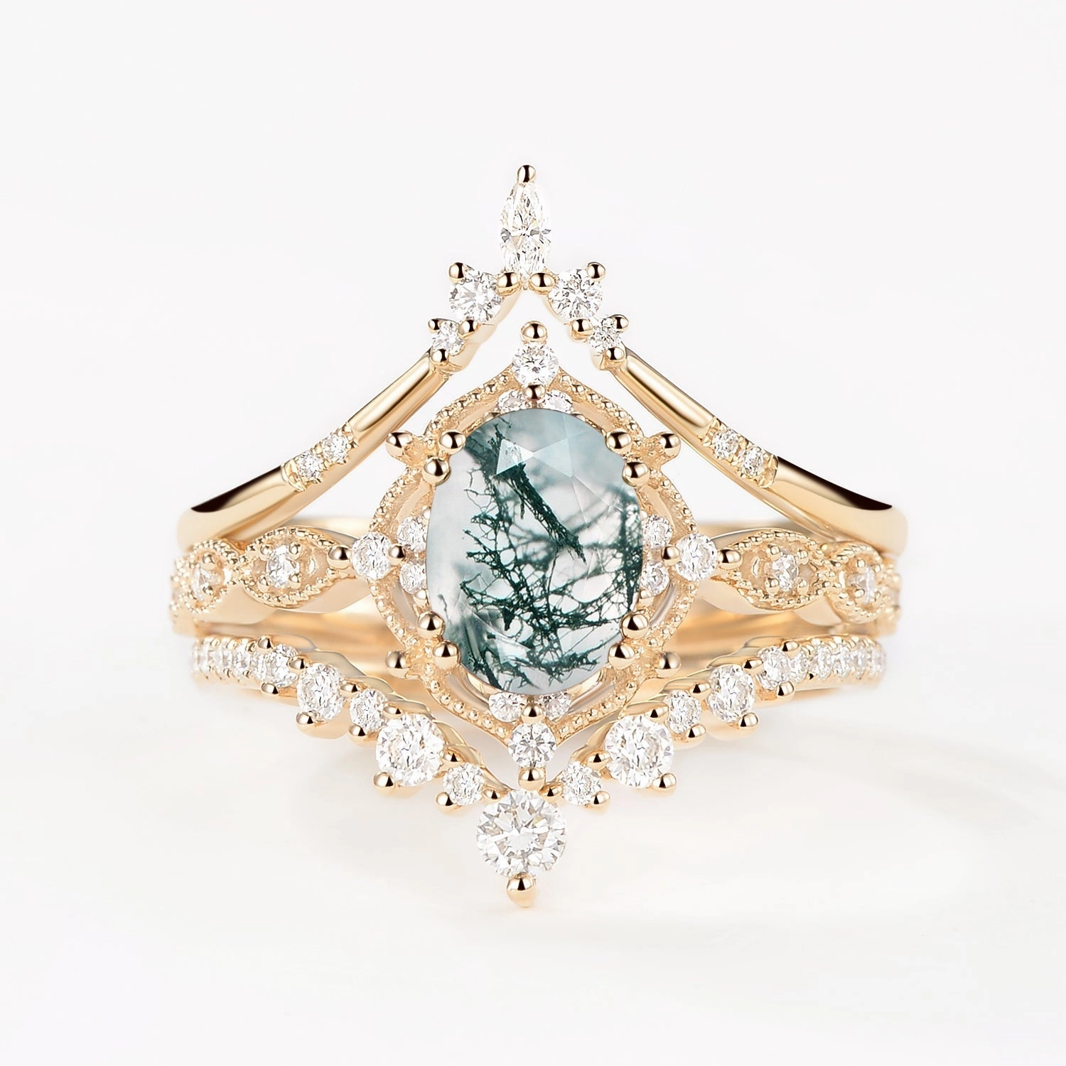 Charming Features Oval Moss Agate Signature Vintage Ring Set 3pcs