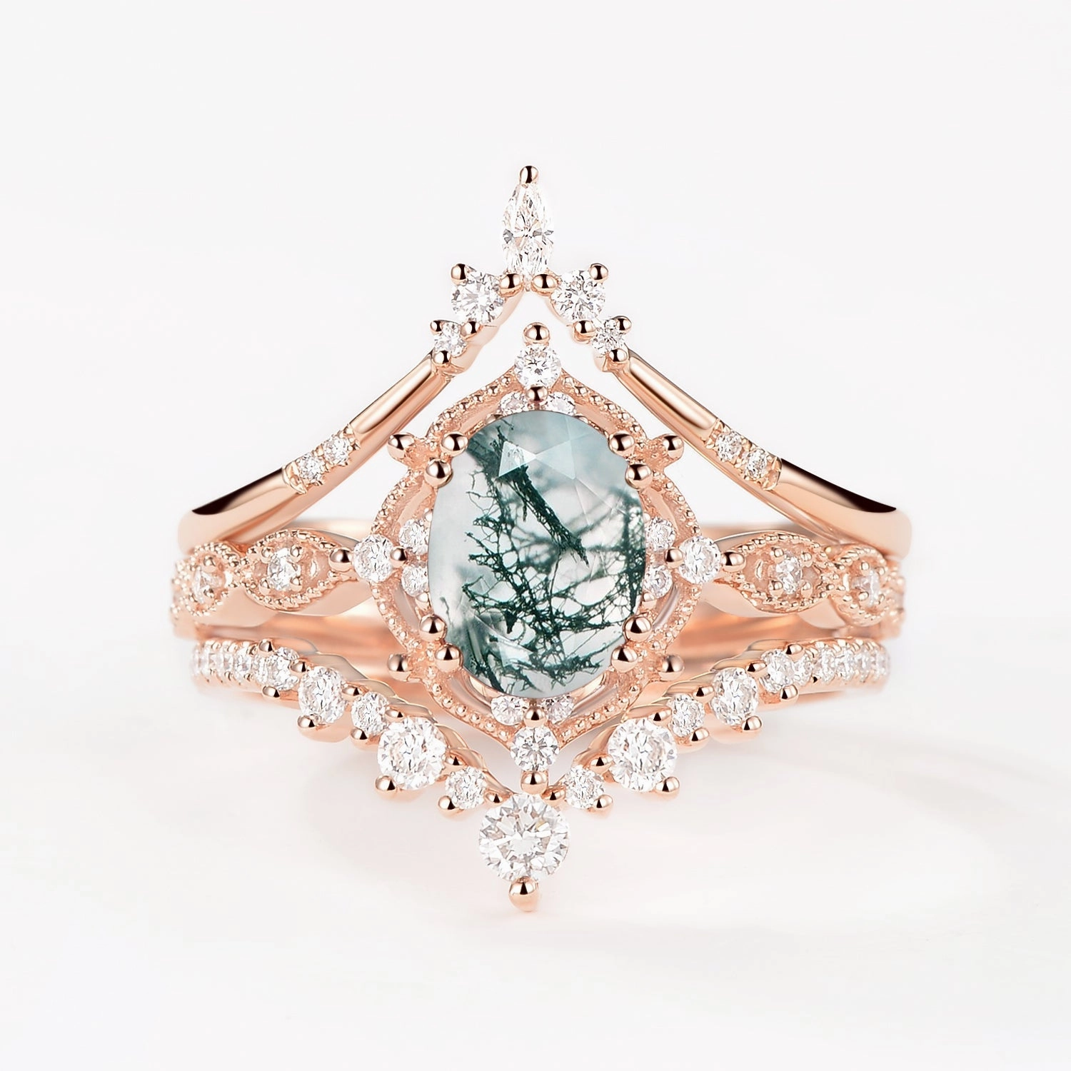 Polished Lines Oval Moss Agate Signature Vintage Ring Set 3pcs