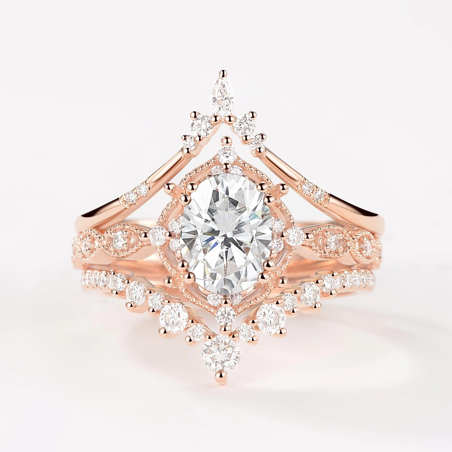 Oval Moss Agate Signature Vintage Ring Set 3pcs Casual Style Lightweight Fit