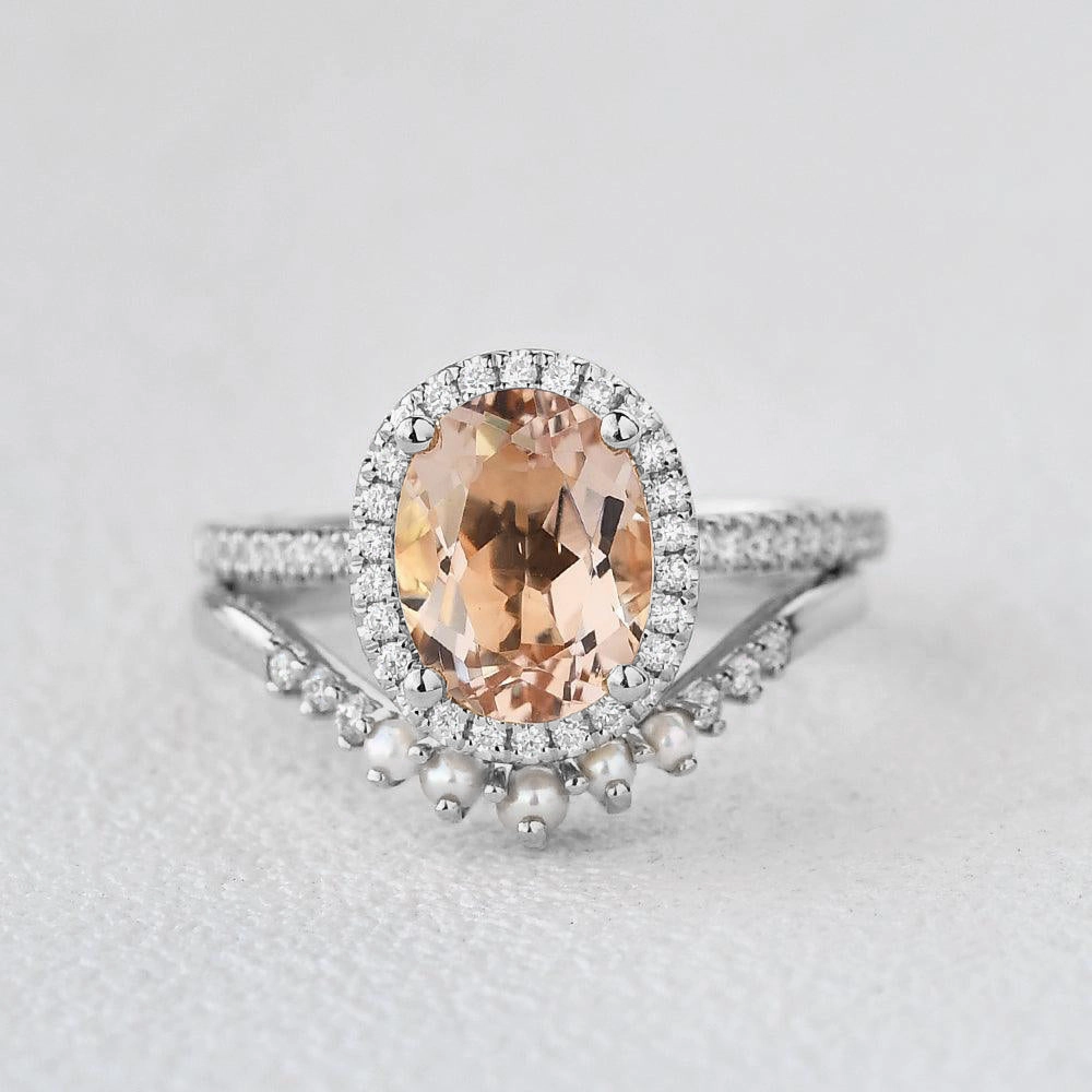 Sophisticated Embellishments Oval Peachy Morganite & Pearls Yellow Gold Ring Set 2pcs