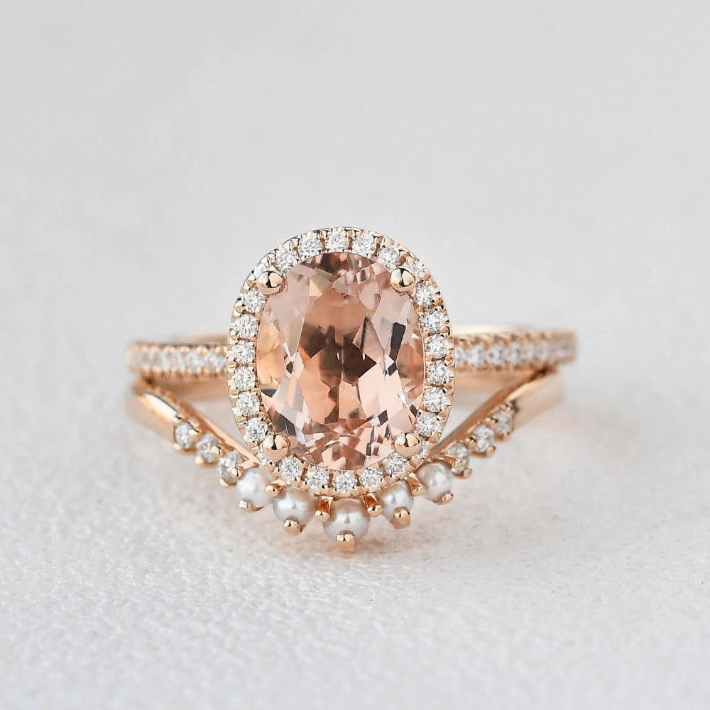 Oval Peachy Morganite & Pearls Yellow Gold Ring Set 2pcs Minimal Look Minimalist Accent