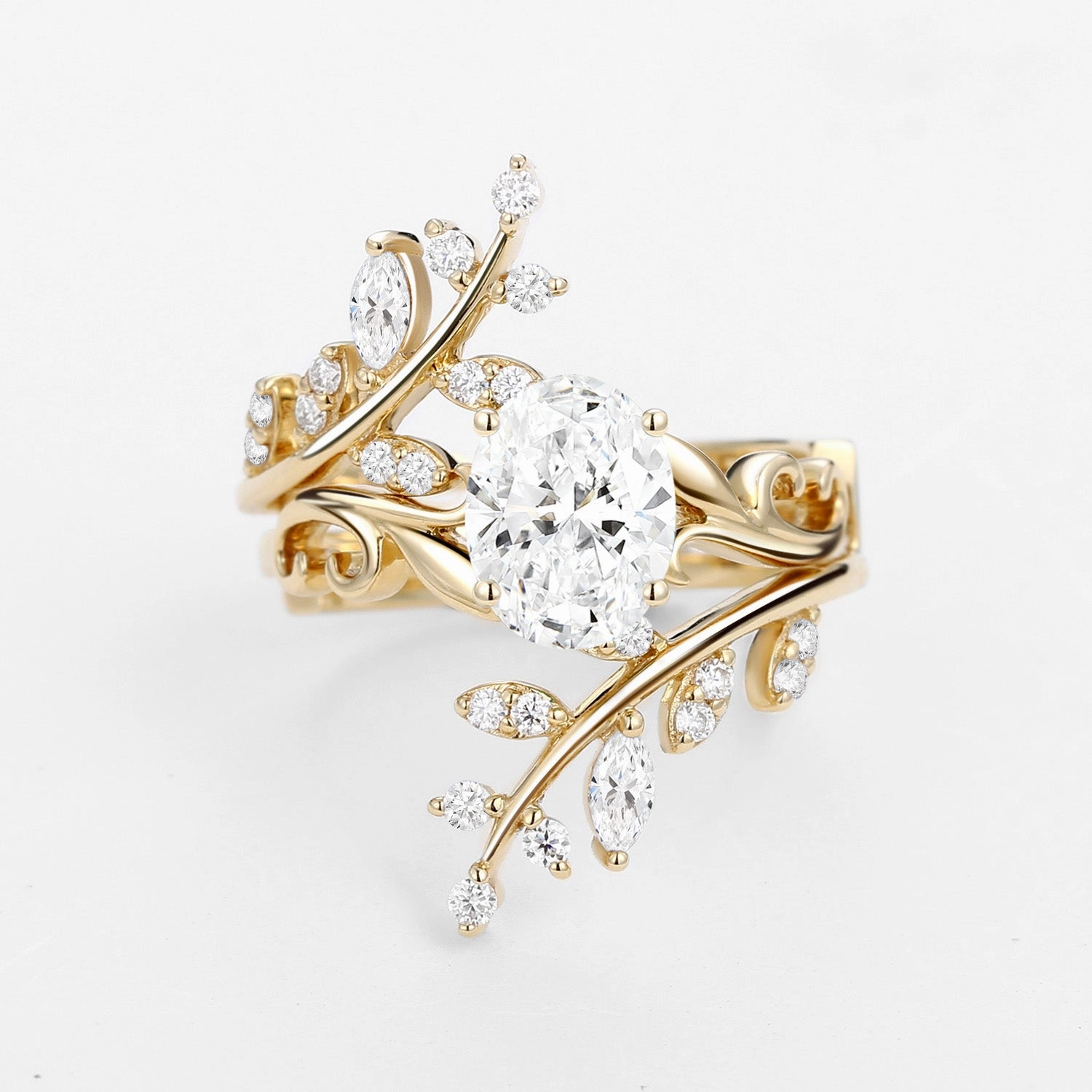 Oval Shaped Lab Grown Diamond Engagement Ring Sets 2PCS - Talasi Delicate Accent Shine Moment