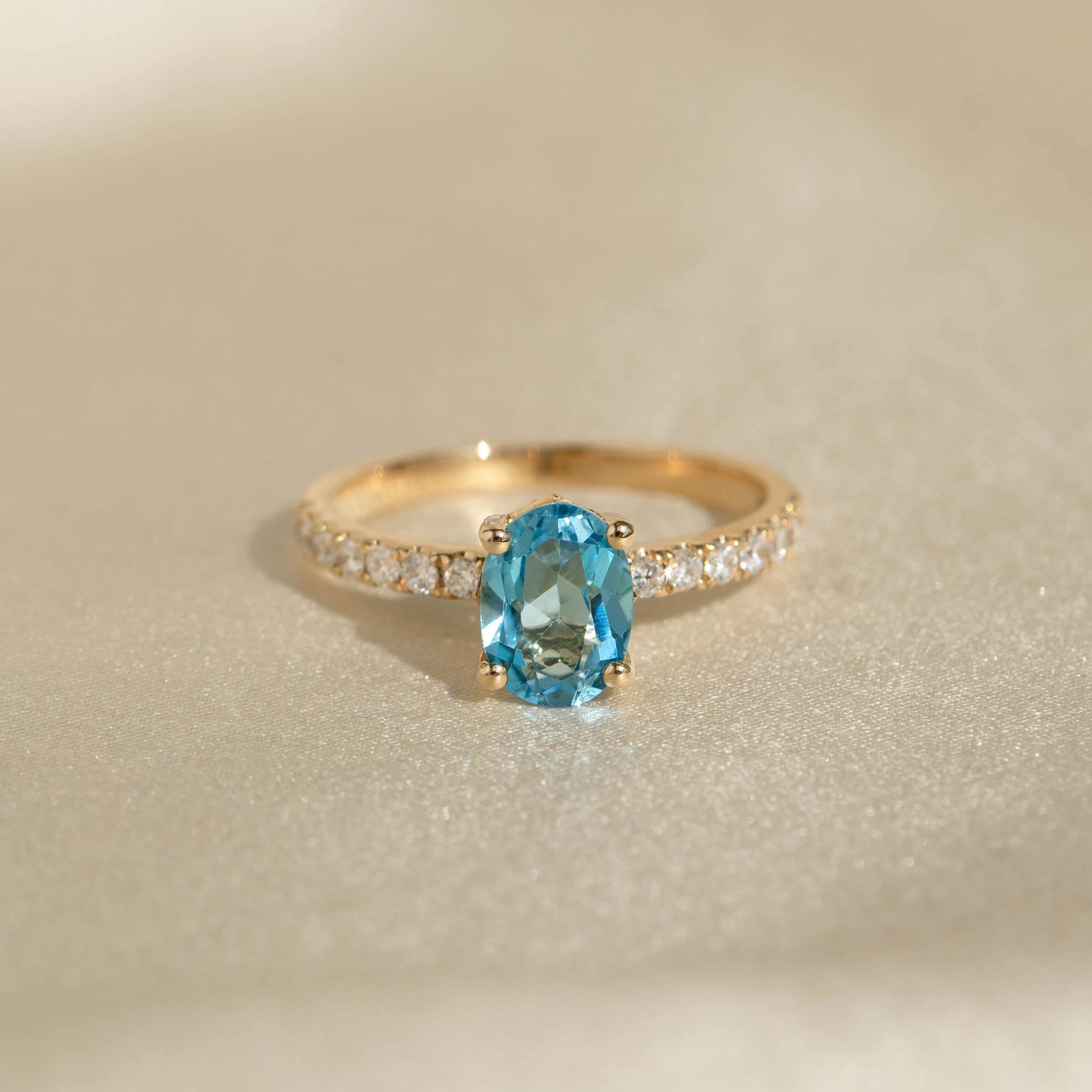 Oval Swiss Blue Topaz and Diamond Ring 14k Gold - Minette Designer Art