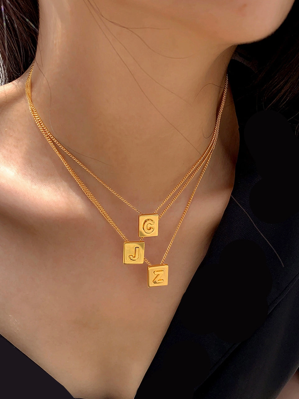 Parisian Initial Square Pendant Necklace 18K Every Occasion Modern Accessory