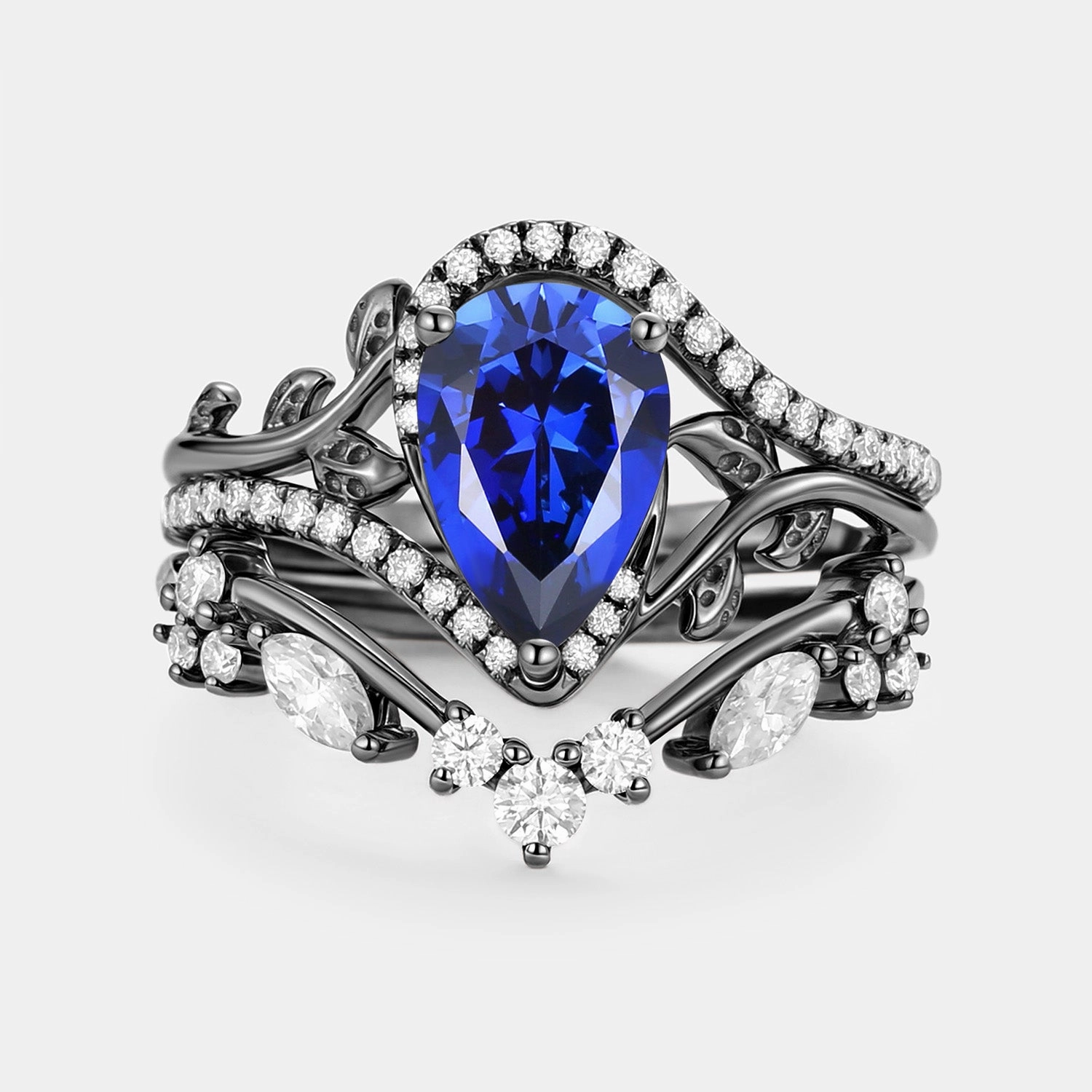 Pear Cut Lab Sapphire Leaf Engagement Ring Set 2pcs - Saphyr Timeless Craft Design