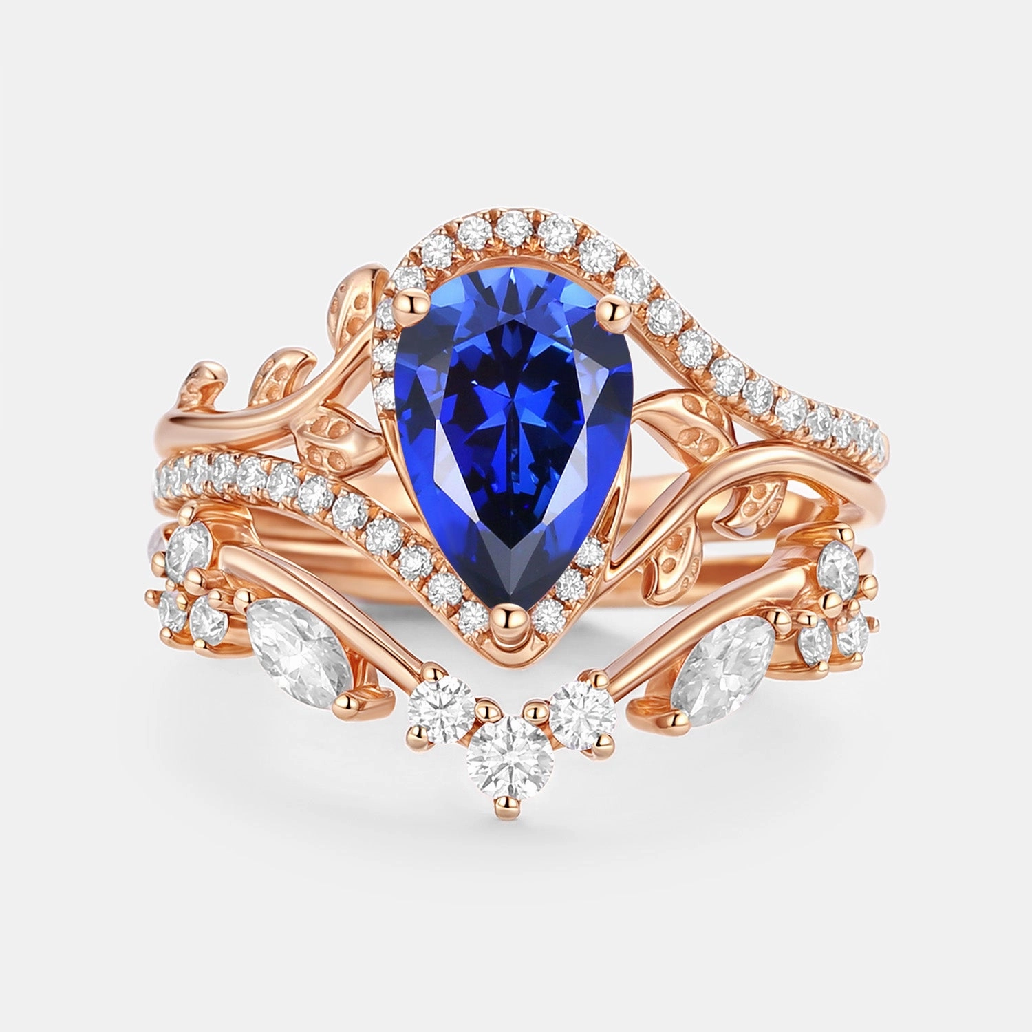 Pear Cut Lab Sapphire Leaf Engagement Ring Set 2pcs - Saphyr Fashion Trend