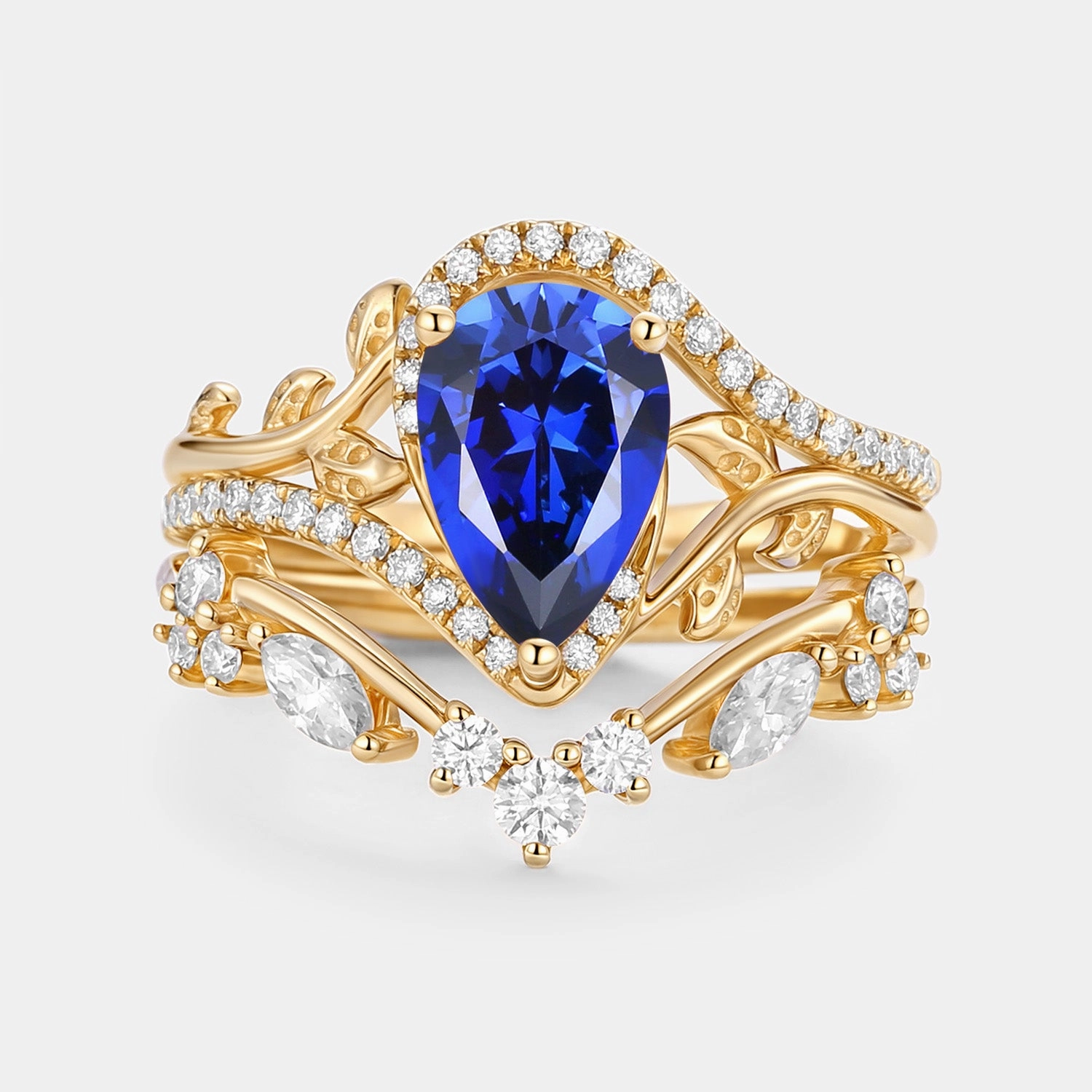 Pear Cut Lab Sapphire Leaf Engagement Ring Set 2pcs - Saphyr Textured Highlight