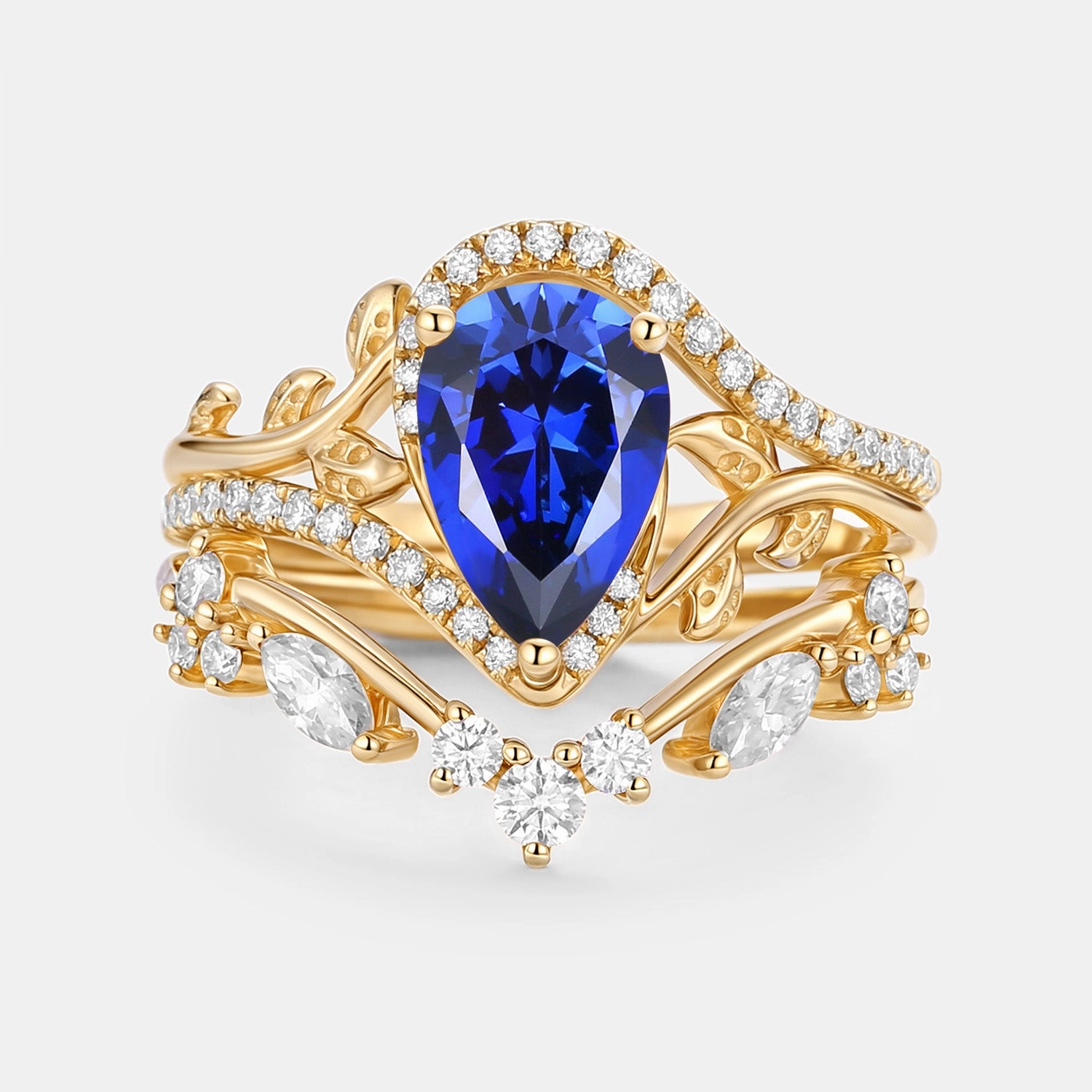 Pear Cut Lab Sapphire Leaf Engagement Ring Set 2pcs - Saphyr Vibrant Touch