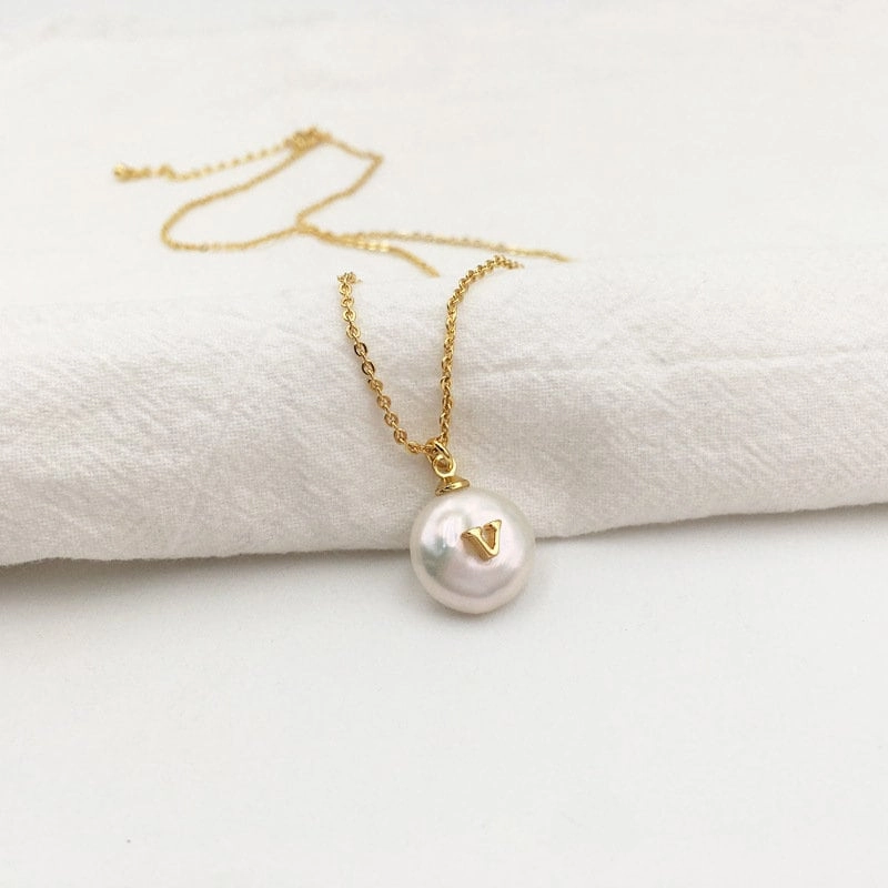 Personalized Freshwater Pearl Initial Necklace | Gold Pearl Initial Necklace, Custom White Pearl Necklace, Pearl Charm Herringbone Necklace for personal use