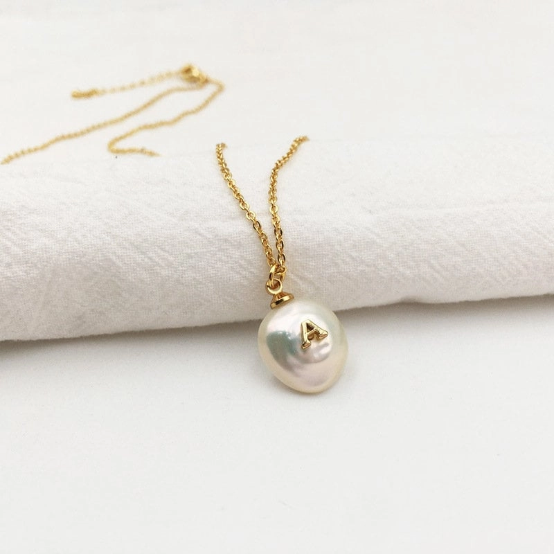 Personalized Freshwater Pearl Initial Necklace | Gold Pearl Initial Necklace, Custom White Pearl Necklace, Pearl Charm Herringbone Necklace Versatile Item anniversary event