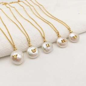 Party Mood Personalized Freshwater Pearl Initial Necklace | Gold Pearl Initial Necklace, Custom White Pearl Necklace, Pearl Charm Herringbone Necklace