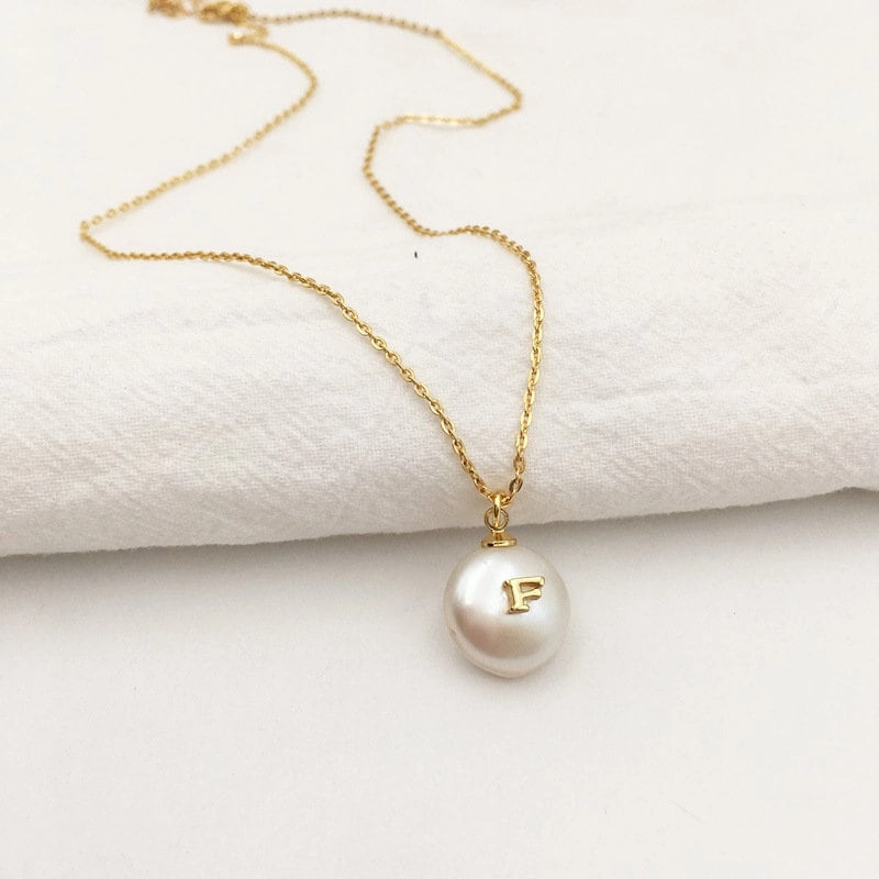 college student Boho Accent Personalized Freshwater Pearl Initial Necklace | Gold Pearl Initial Necklace, Custom White Pearl Necklace, Pearl Charm Herringbone Necklace
