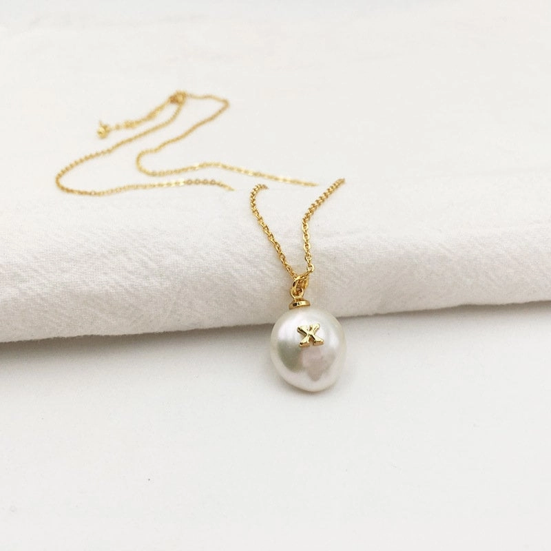 Pretty Jewelry Multi Strand Item Personalized Freshwater Pearl Initial Necklace | Gold Pearl Initial Necklace, Custom White Pearl Necklace, Pearl Charm Herringbone Necklace