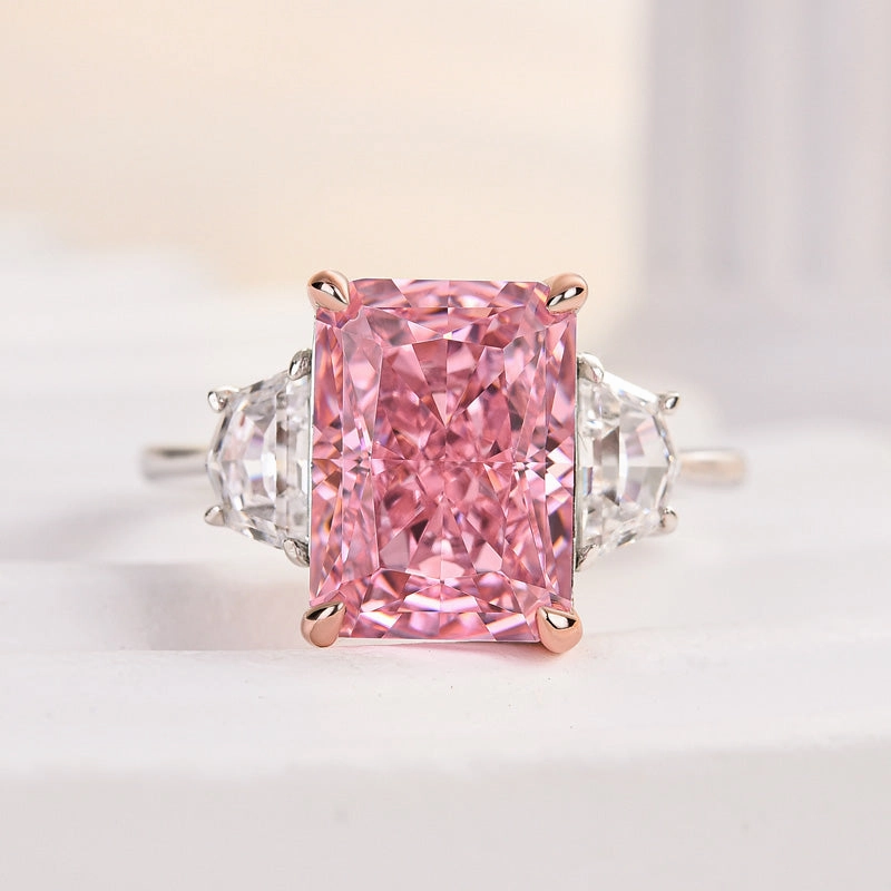 Subtle Beauty Louily Gorgeous Pink Stone Radiant Cut Three Stone Engagement Ring