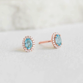 Grand Piece Classic Item Swiss Blue Topaz Halo Stud Earrings Rose Gold - Marzia