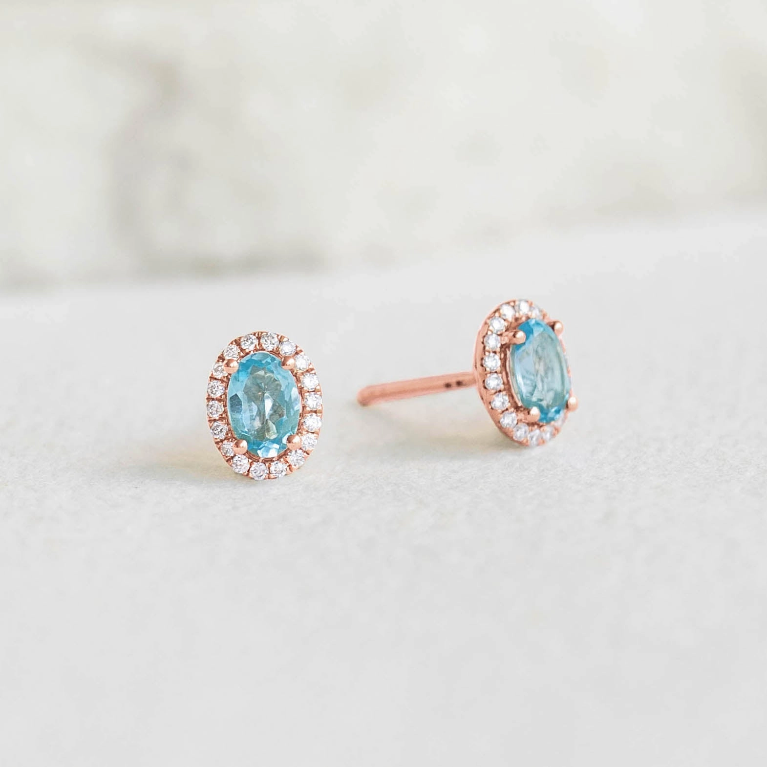 Grand Piece Classic Item Swiss Blue Topaz Halo Stud Earrings Rose Gold - Marzia