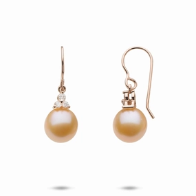 Substantial Item Glittering Must-Have Peach Freshwater Pearl Earrings in Rose Gold with Diamonds - 9-10mm