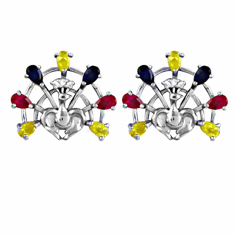 Peacock Style Multi-Color CZ Stud Earrings in 925 Silver Party Accent