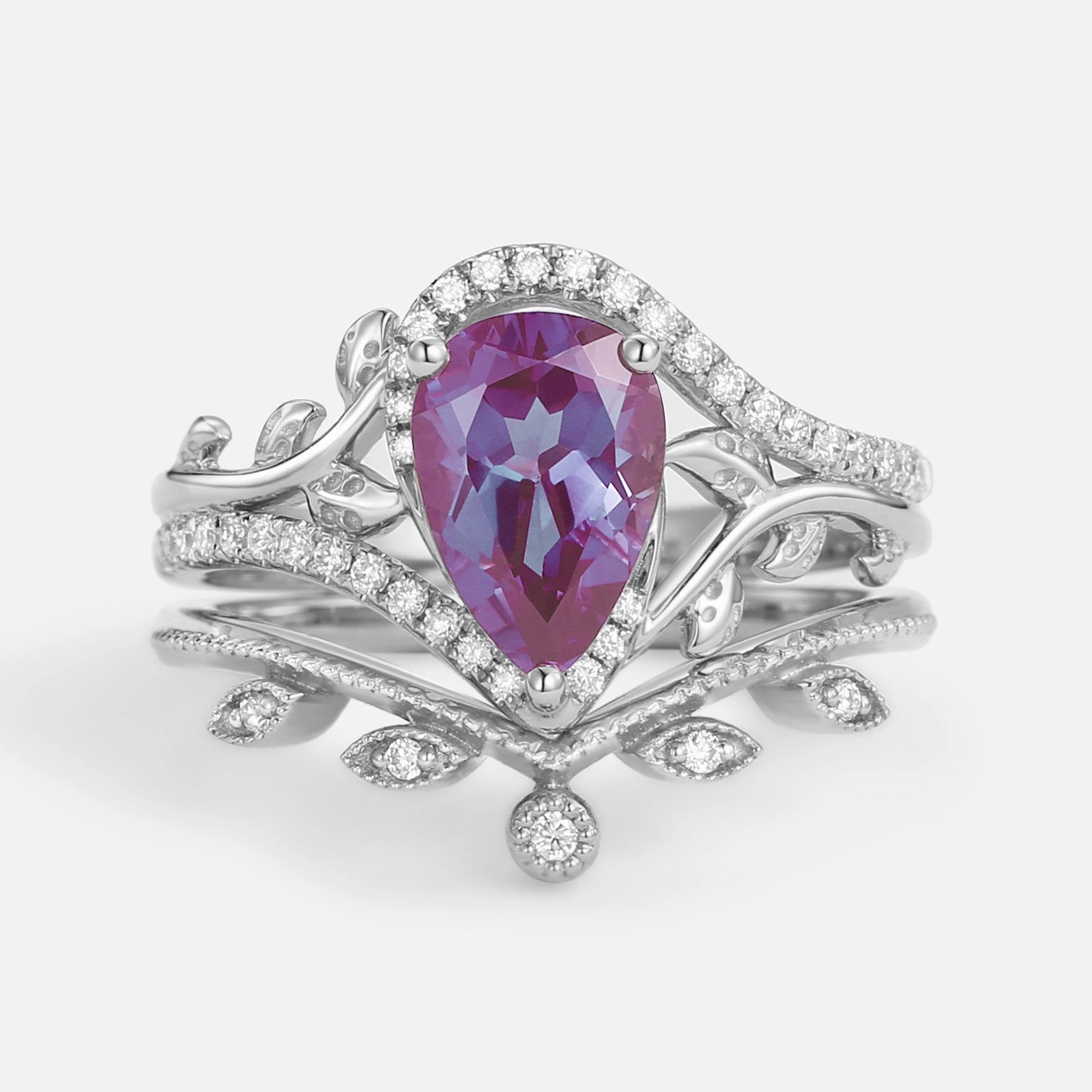 Weekend Piece Pear Cut Alexandrite & Moissanite Leafy Ring Set 2pcs