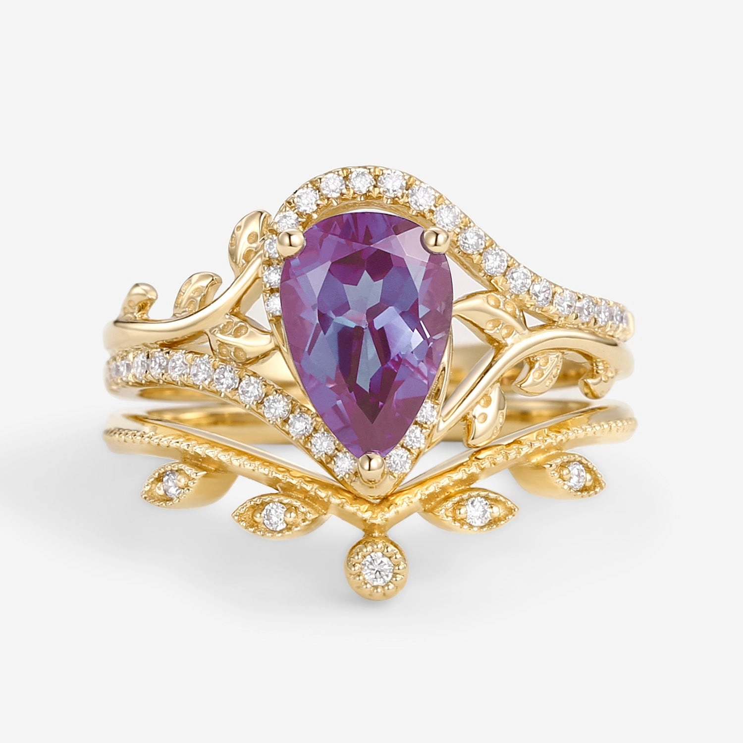 Pear Cut Alexandrite & Moissanite Leafy Ring Set 2pcs Modern Accessory