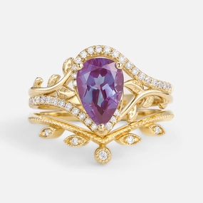 Pear Cut Alexandrite & Moissanite Leafy Ring Set 2pcs Modern Accessory