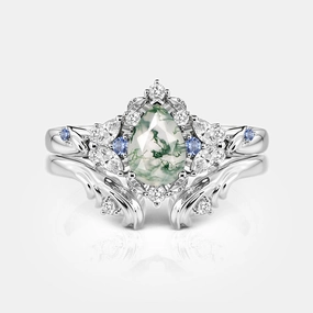 Custom Style Artisan Finish Pear Cut Cluster Moss Agate Engagement Ring Set 2pcs - Brya