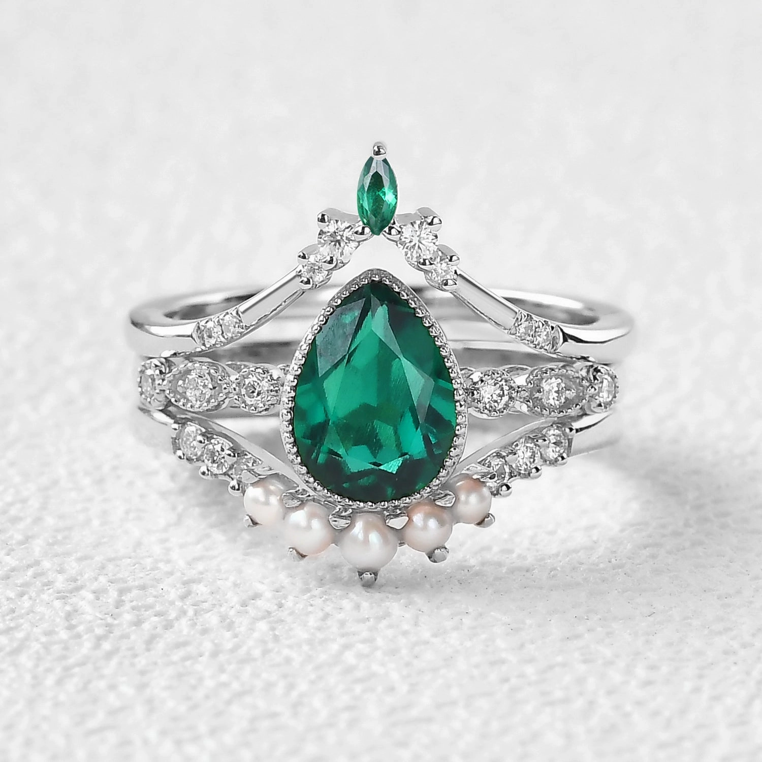 Pear Cut Emerald & Pearl Multiple Ring Set 3pcs Iconic Accent Graceful Detail