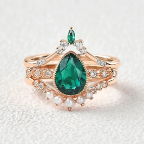 Festive Outfit Pear Cut Emerald & Pearl Multiple Ring Set 3pcs