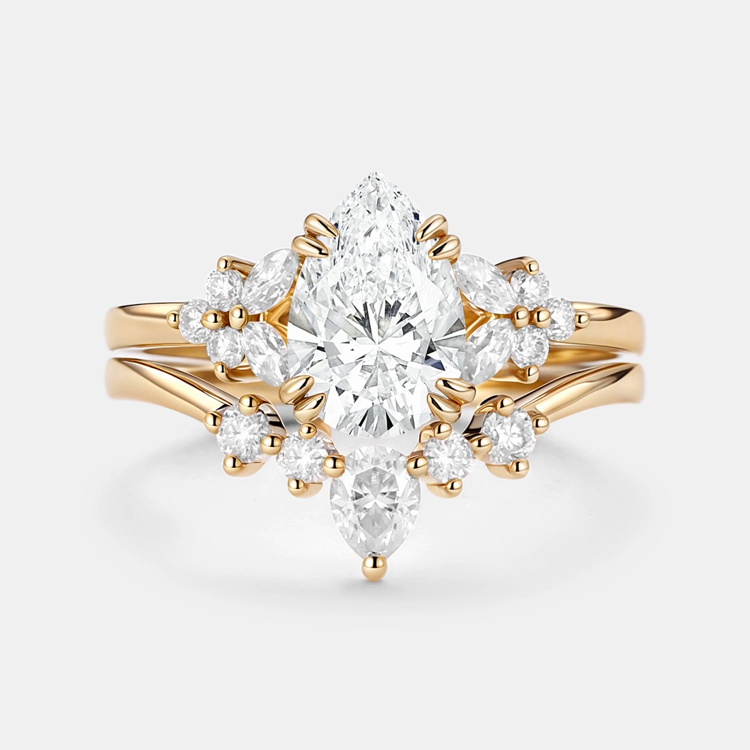 Polished Pieces Exquisite Shine Finish Pear Cut Lab Grown Diamond Curved Engagement Ring Set 2pcs - Cerys