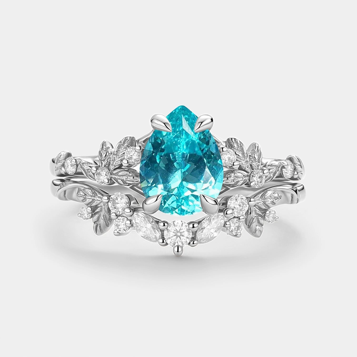 Pear Cut Lab Paraiba Leaf Engagement Ring Set 2pcs - Parea Candid Moment
