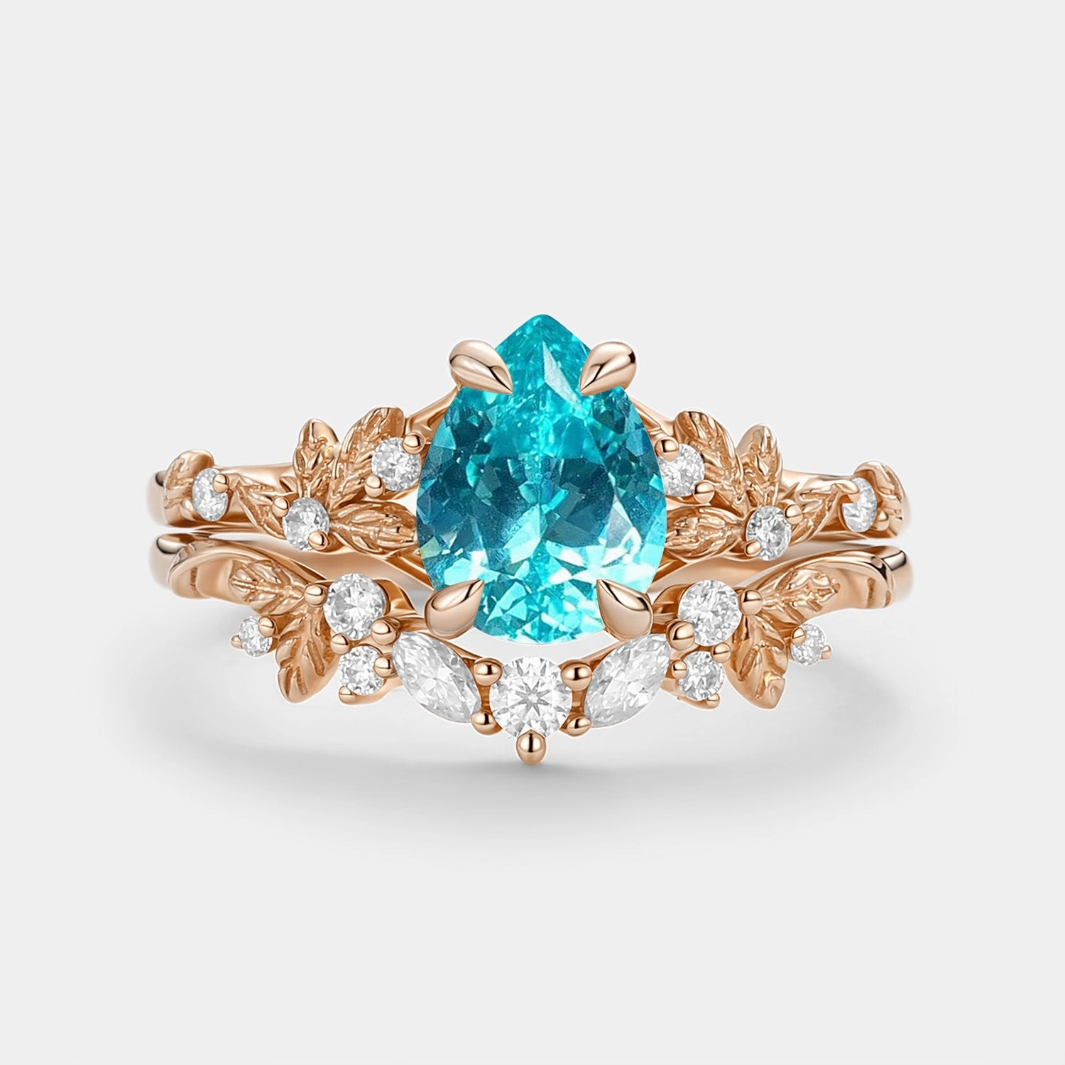 Brilliant Touch Floral Mood Pear Cut Lab Paraiba Leaf Engagement Ring Set 2pcs - Parea