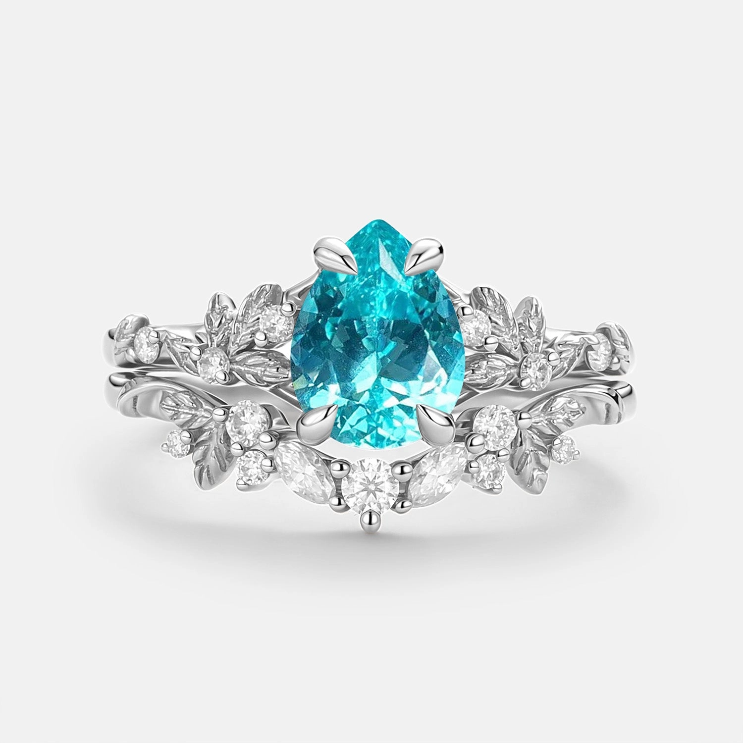 Pear Cut Lab Paraiba Leaf Engagement Ring Set 2pcs - Parea Fashion highlight Everyday Accessory