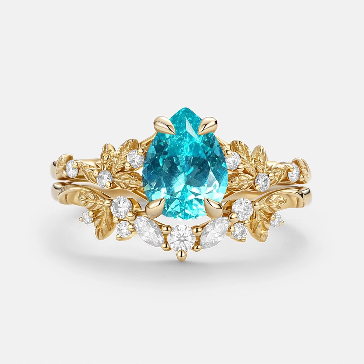 Pear Cut Lab Paraiba Leaf Engagement Ring Set 2pcs - Parea Shimmering Design Classic Appeal