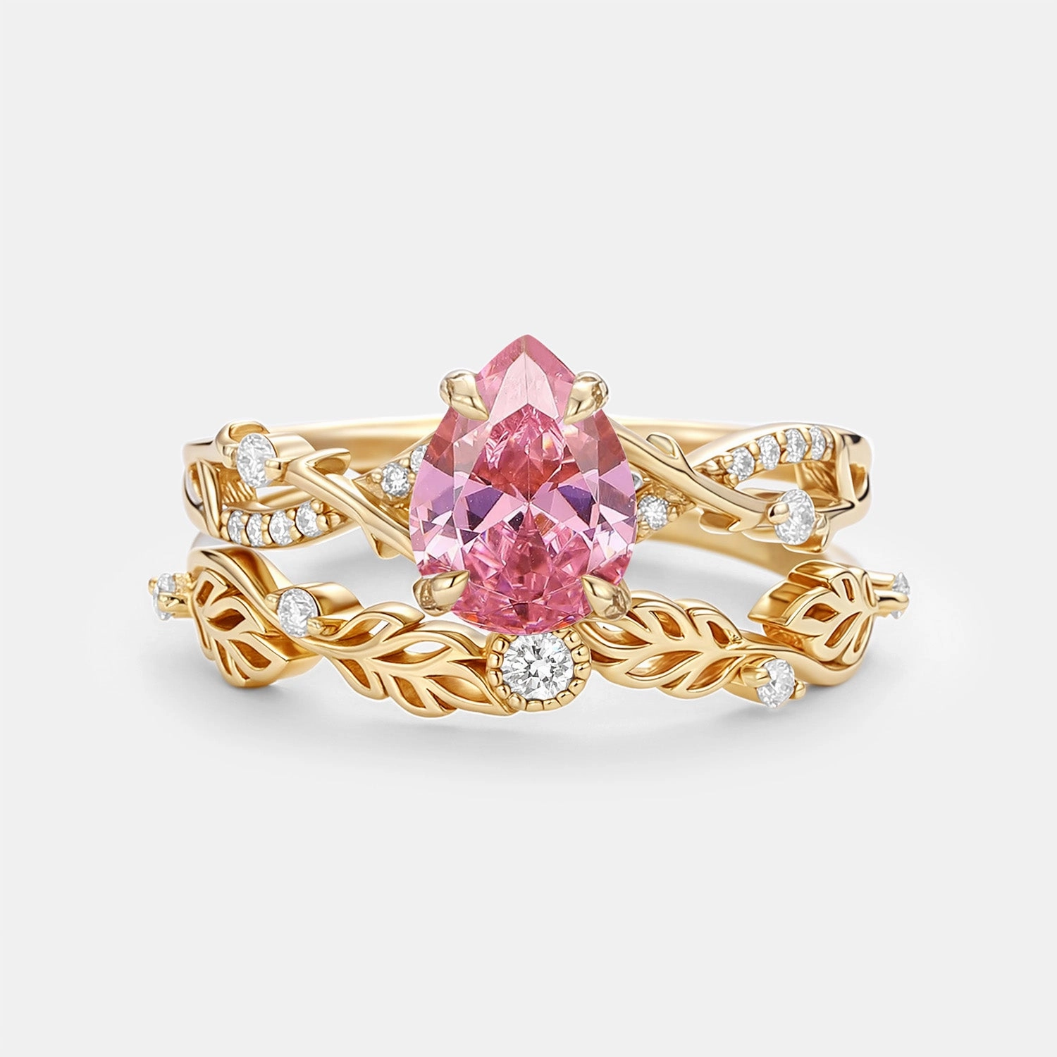 Minimal Radiance Fashion Must Pear Cut Lab Pink Sapphire Leafy Ring Sets 2pcs