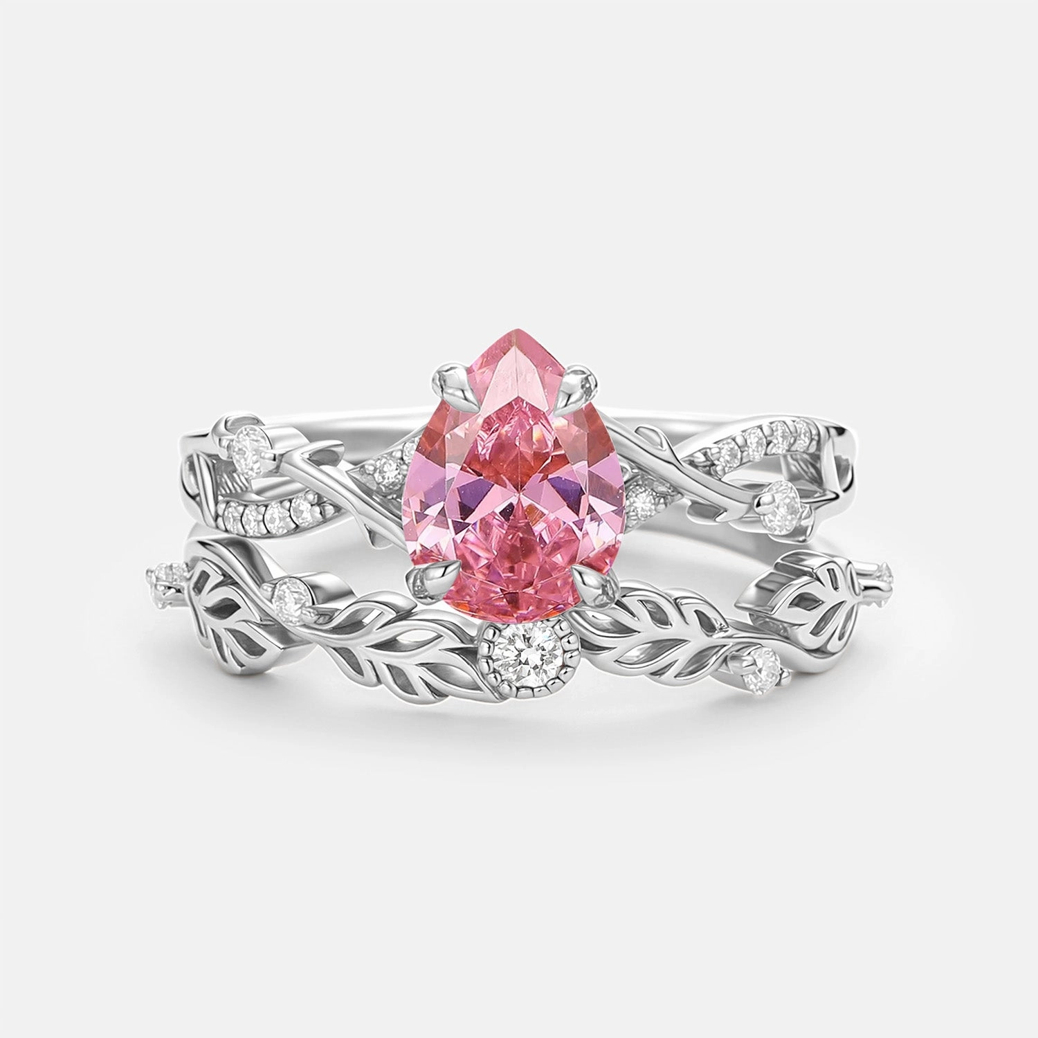 Sleek Shape Pear Cut Lab Pink Sapphire Leafy Ring Sets 2pcs