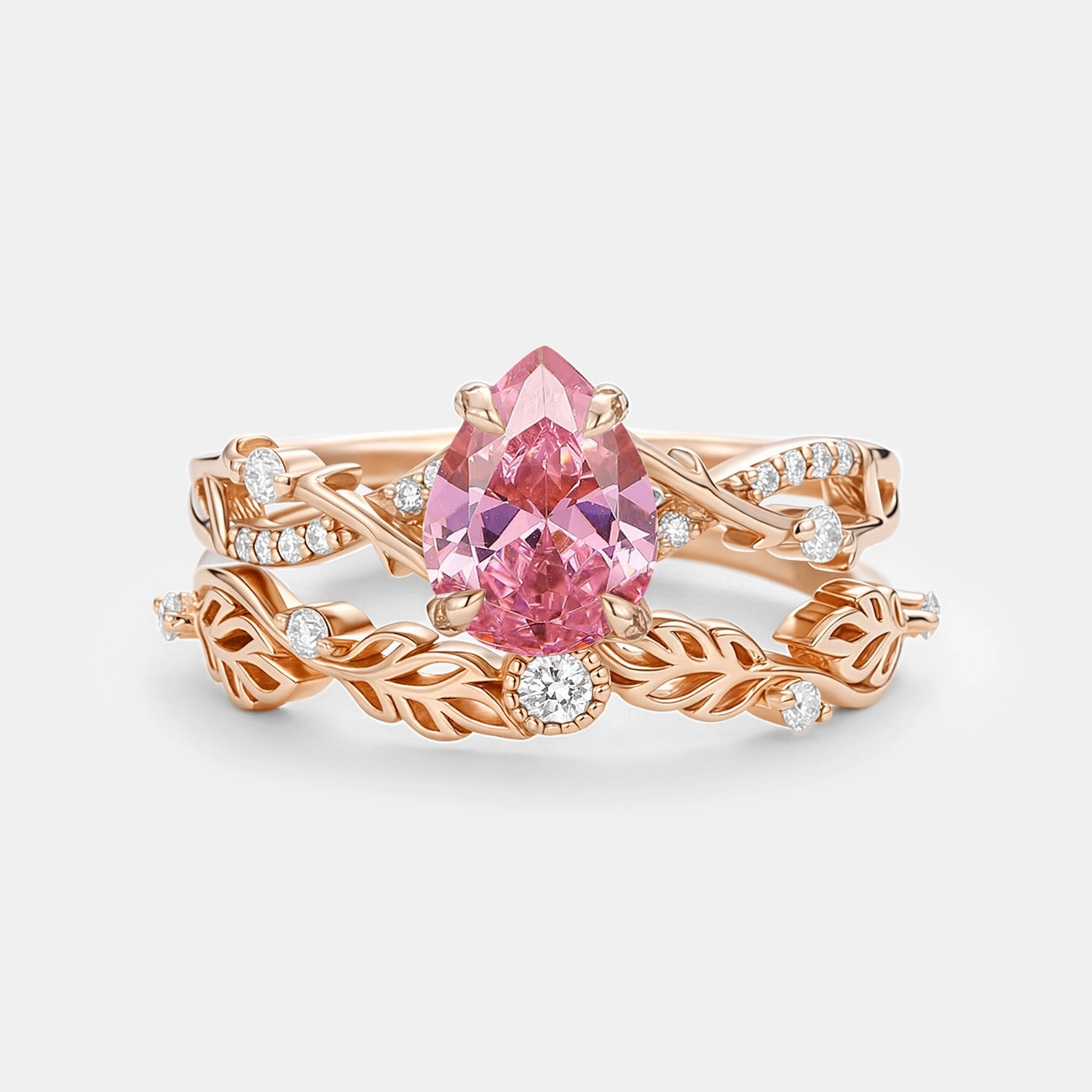 Elegant Vibe Pear Cut Lab Pink Sapphire Leafy Ring Sets 2pcs