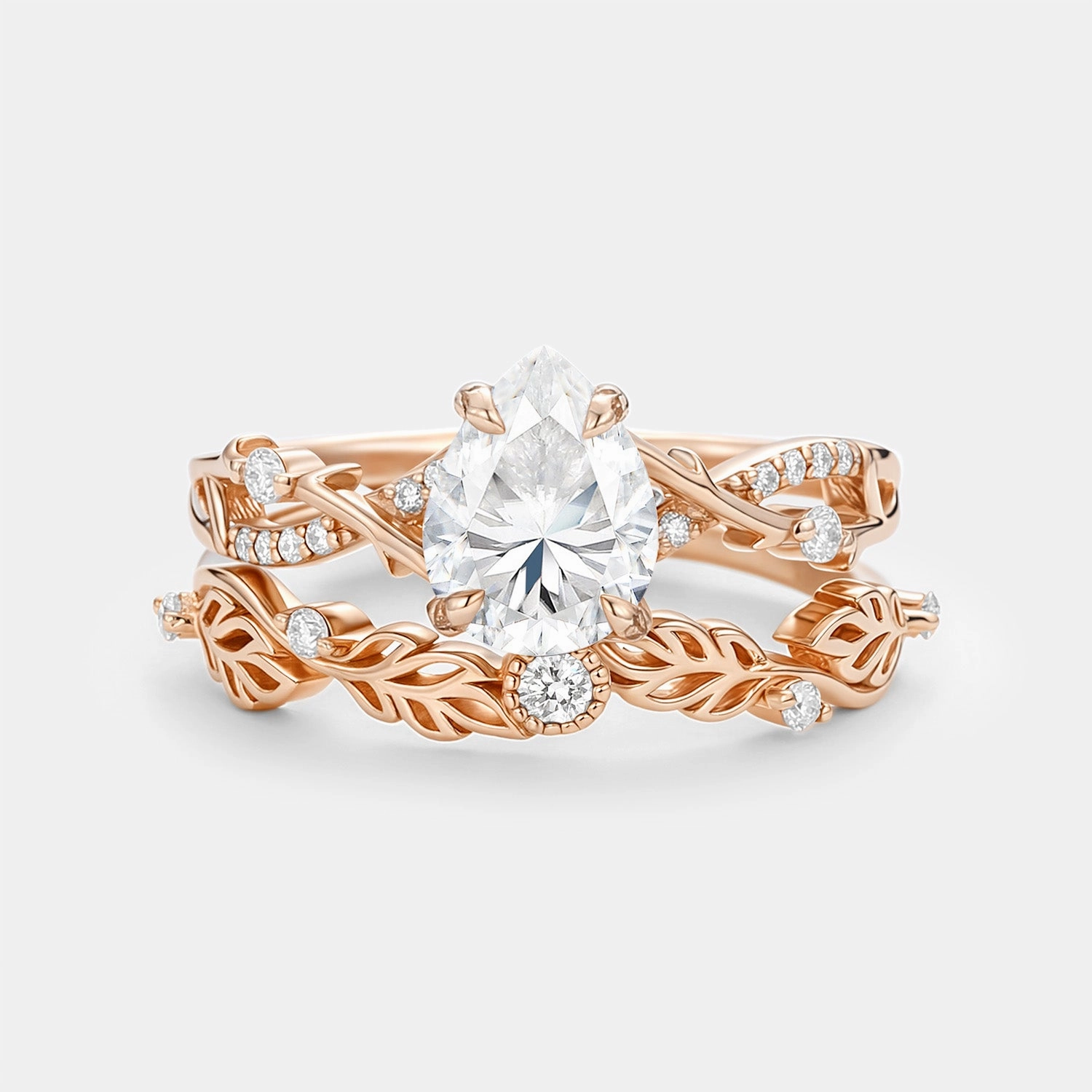 Fashion Layer Everyday Look Pear Cut Lab Pink Sapphire Leafy Ring Sets 2pcs