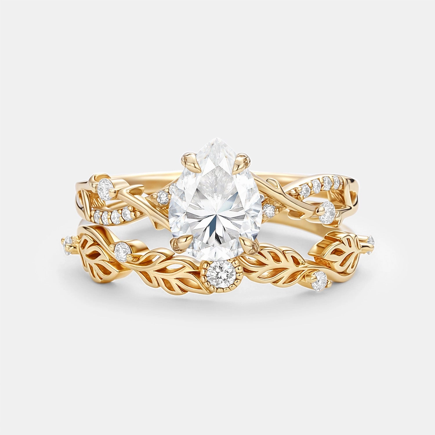 Shiny Jewelry Design Graceful Appeal Pear Cut Lab Pink Sapphire Leafy Ring Sets 2pcs