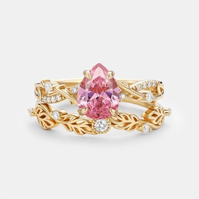 Minimal Radiance Fashion Must Pear Cut Lab Pink Sapphire Leafy Ring Sets 2pcs